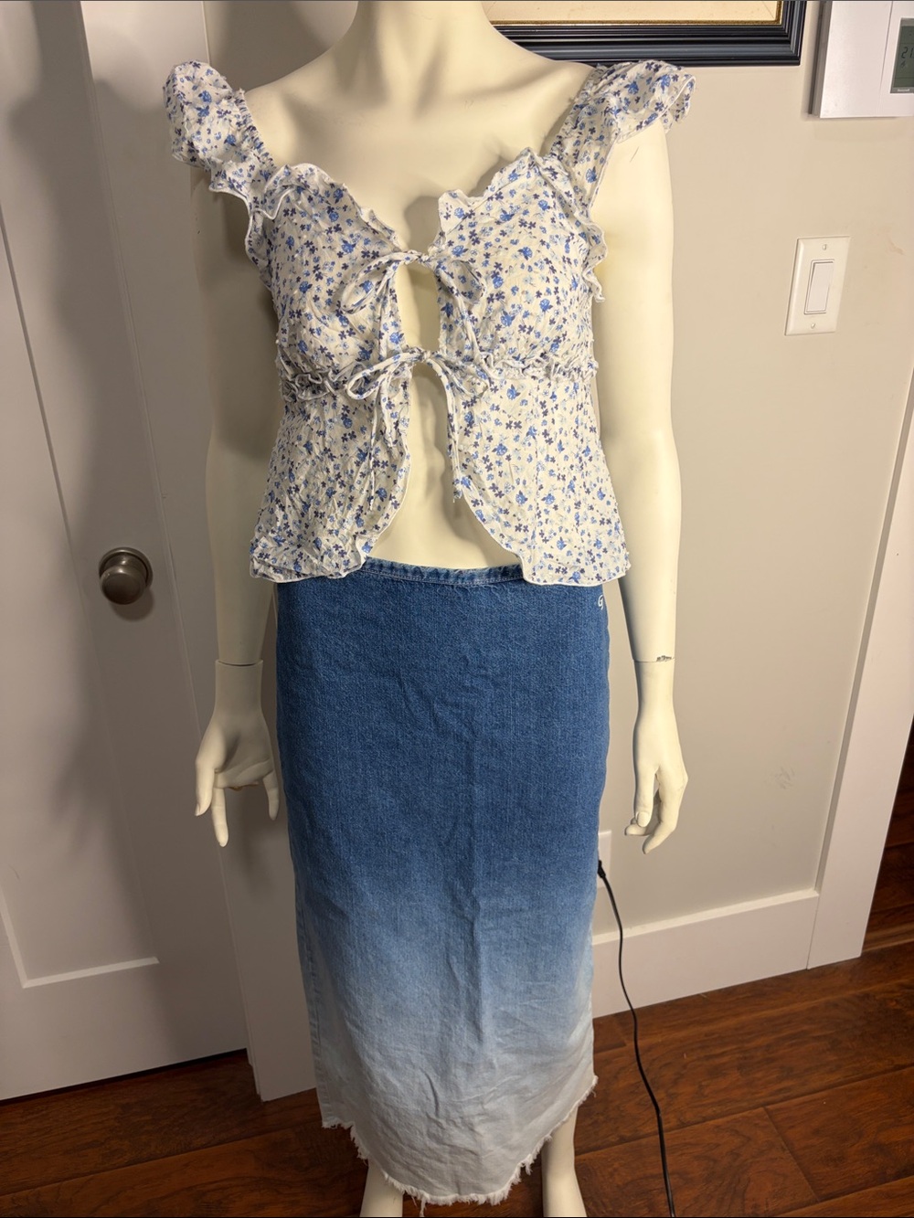 Blue Ombre Denim Maxi Skirt and white and blue cotton top set
